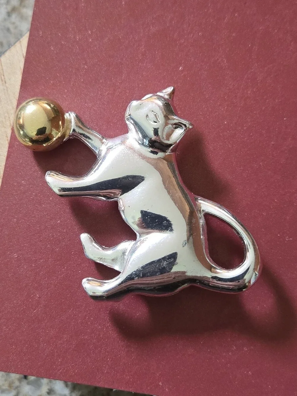 Cool Cat Brooch Silver Tone Cat With Gold Ball Brooch Cat Lady Jewelry